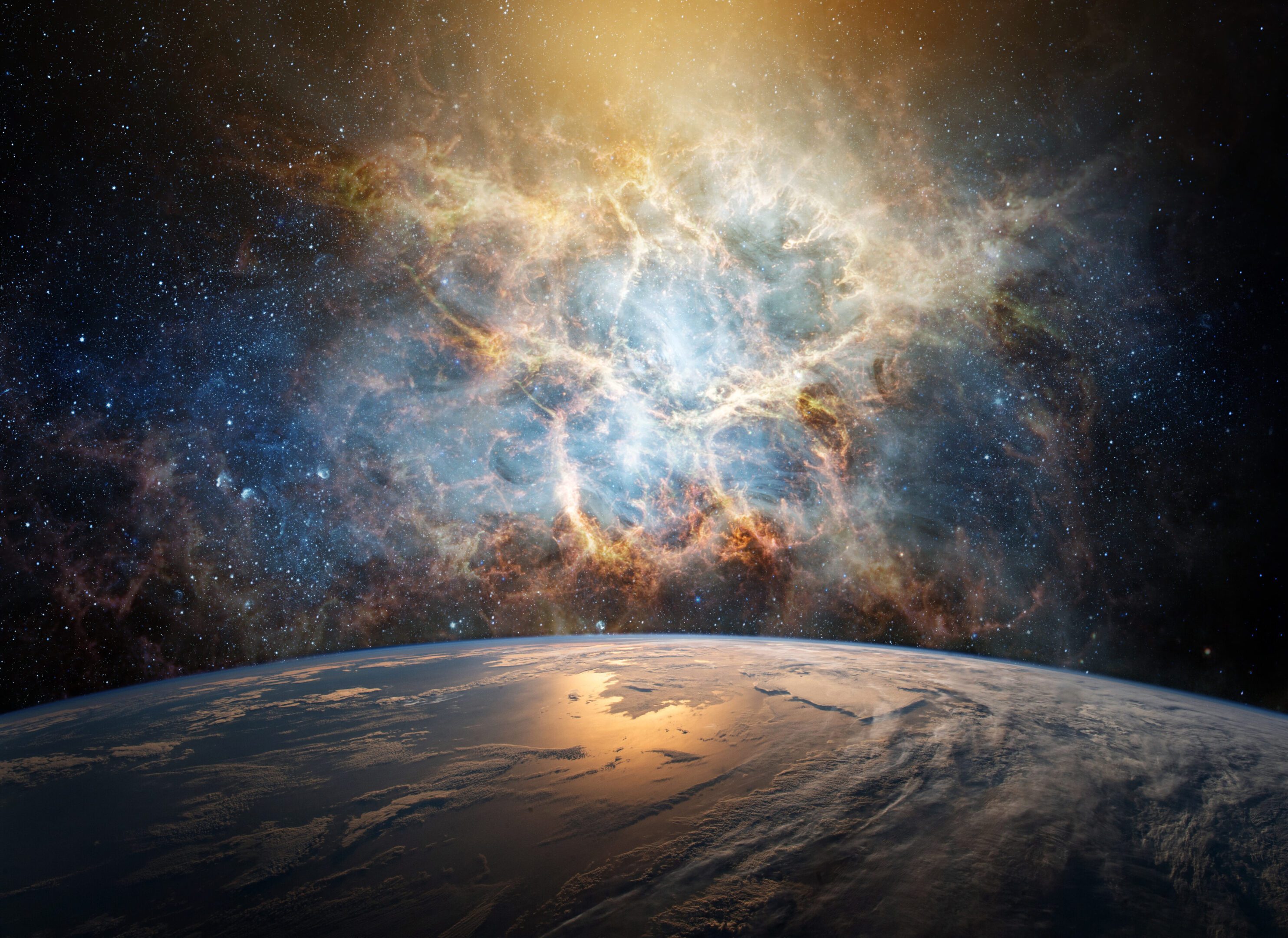 View of the Earth, star and galaxy. Sunrise over planet Earth, view from space. Concept on the theme of ecology, environment, Earth Day. Elements of this image furnished by NASA.